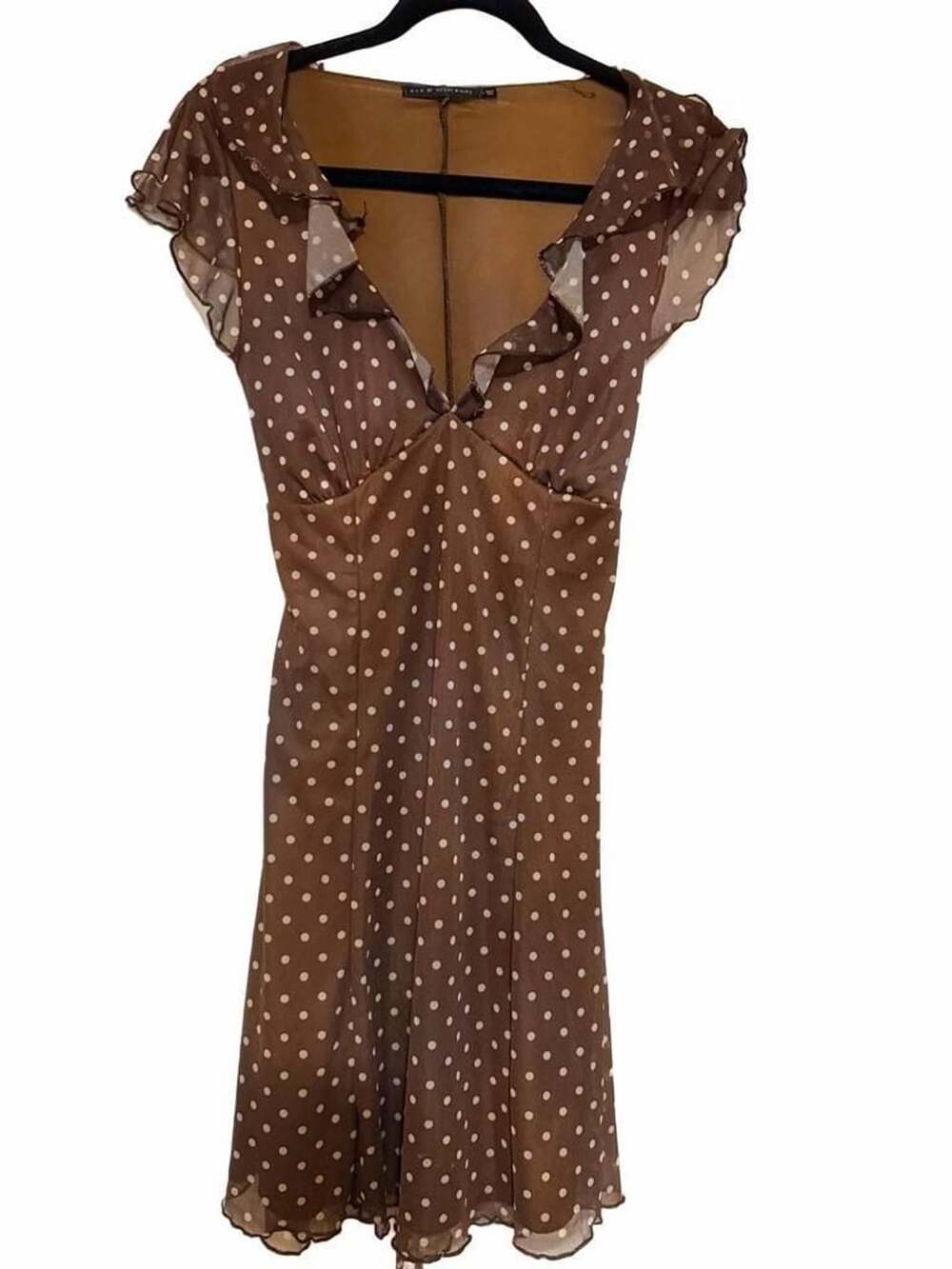 NWOT Brown Polka Dot Mesh Ruffle V-Neck Dress by H+H Hips And Hearts